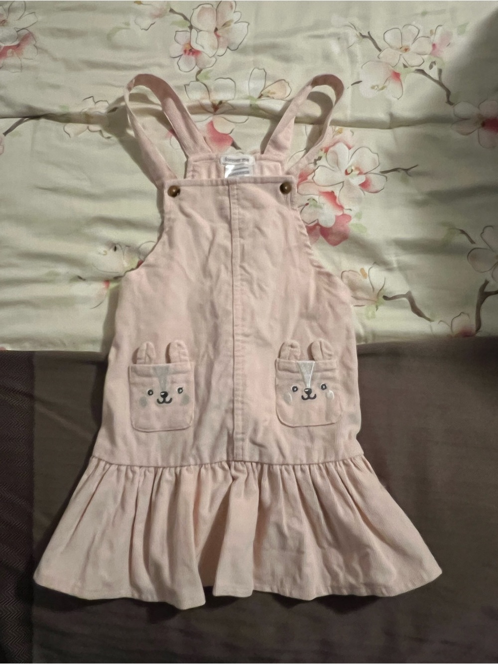 Forever ME Toddler Girls Pink Corduroy Bear Pocket Overall Dress 4